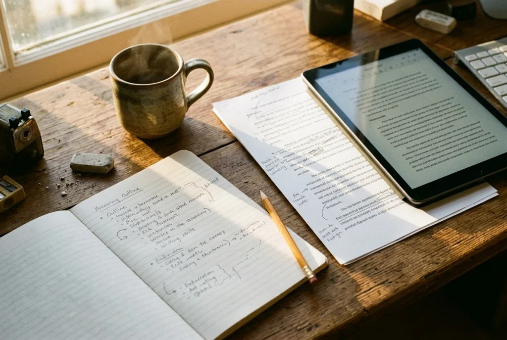 A wooden desk in warm morning light with a handwritten notebook page of a half-finished outline beside a pencil and a mug, while a tablet next to it shows a rough typed draft with a few li