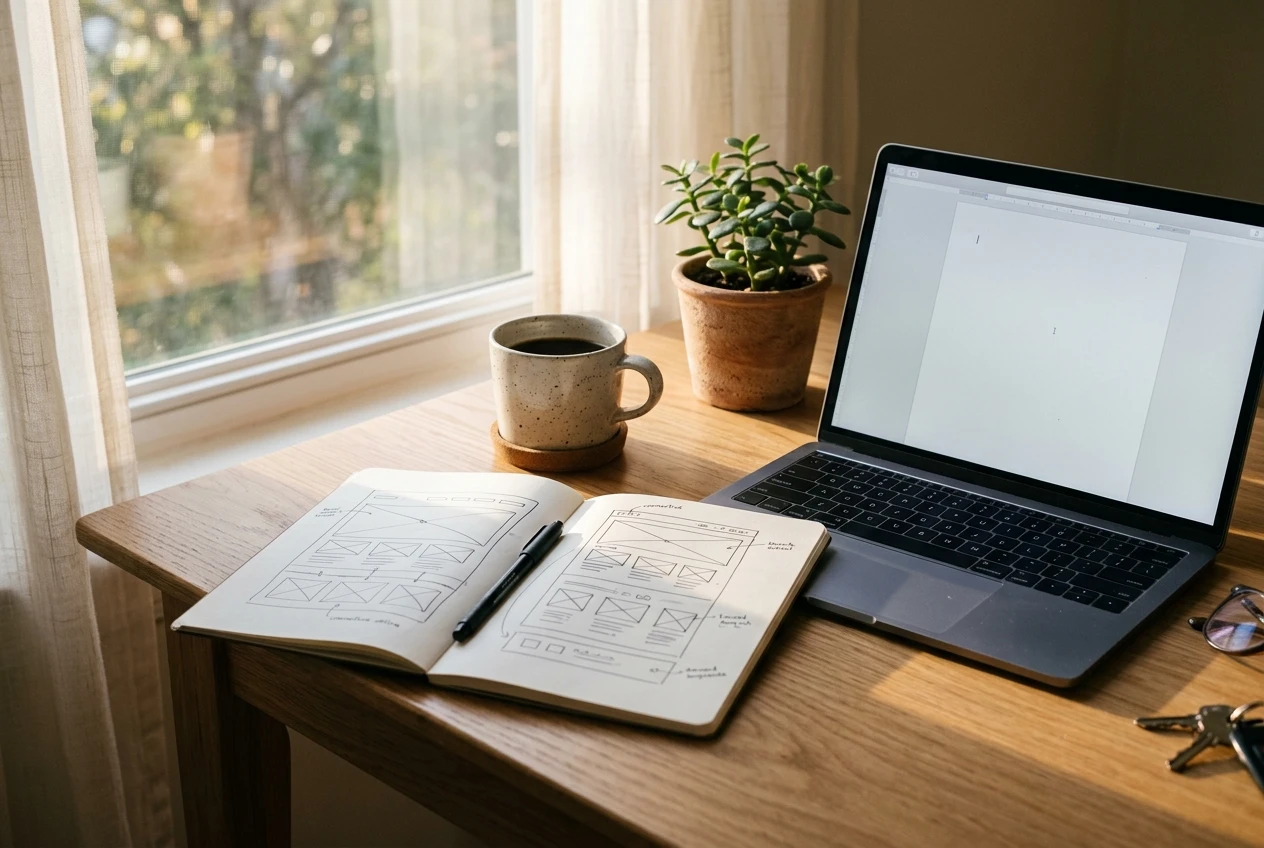 A tidy wooden desk by a window in soft morning light: an open laptop showing a blank page, a notebook with a hand-sketched site outline, a mug of coffee and a small potted plant, suggesting a first draft coming together in a single hour.