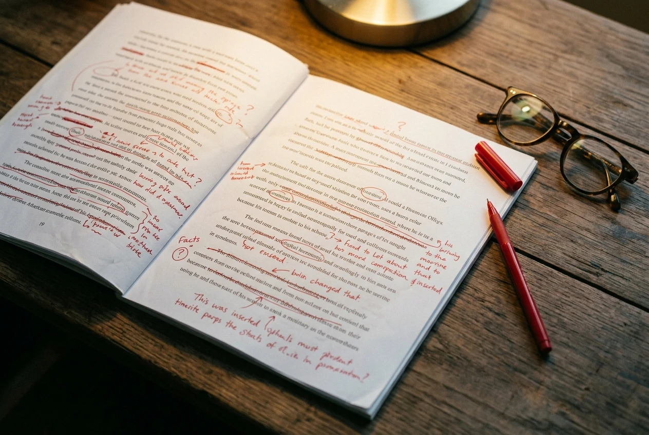 A printed draft page spread on a table, marked up with red pen: crossed-out sentences, circled facts with question marks, and handwritten rewrites in the margin, with a pen and a pair of reading glasses beside it in warm lamplight.