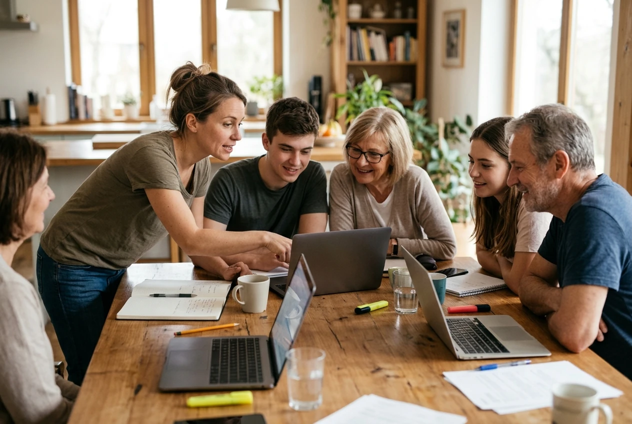 Several friendly people of different ages gathered around a big kitchen-style table with laptops and notebooks open, one pointing at a screen while others lean in and smile, bright natural light and warm wood tones, conveying learners comparing notes.