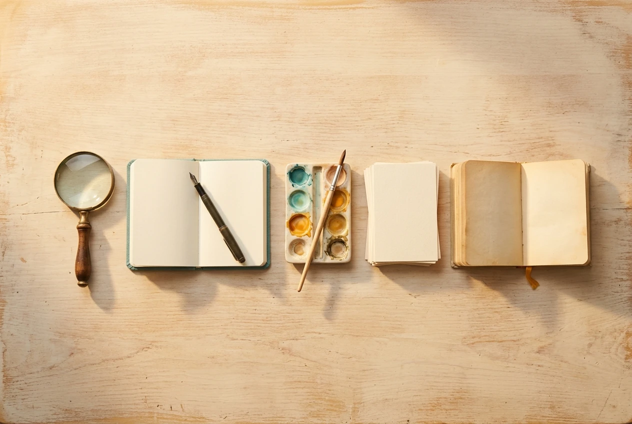 A wooden desk seen from above in warm morning light, with five small objects laid out in a neat row: a magnifying glass, a fountain pen on a notebook, a paint palette with a brush, a tidy stack of index cards, and an open book. Soft cream background with muted teal and amber accents.