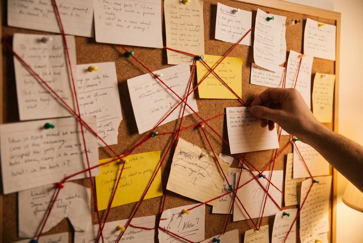A pinboard on a wall covered in handwritten question cards connected by loops of red string, with a few cards highlighted in yellow and a hand pinning a new card in place. Warm lamp light, slightly textured cork and paper tones.
