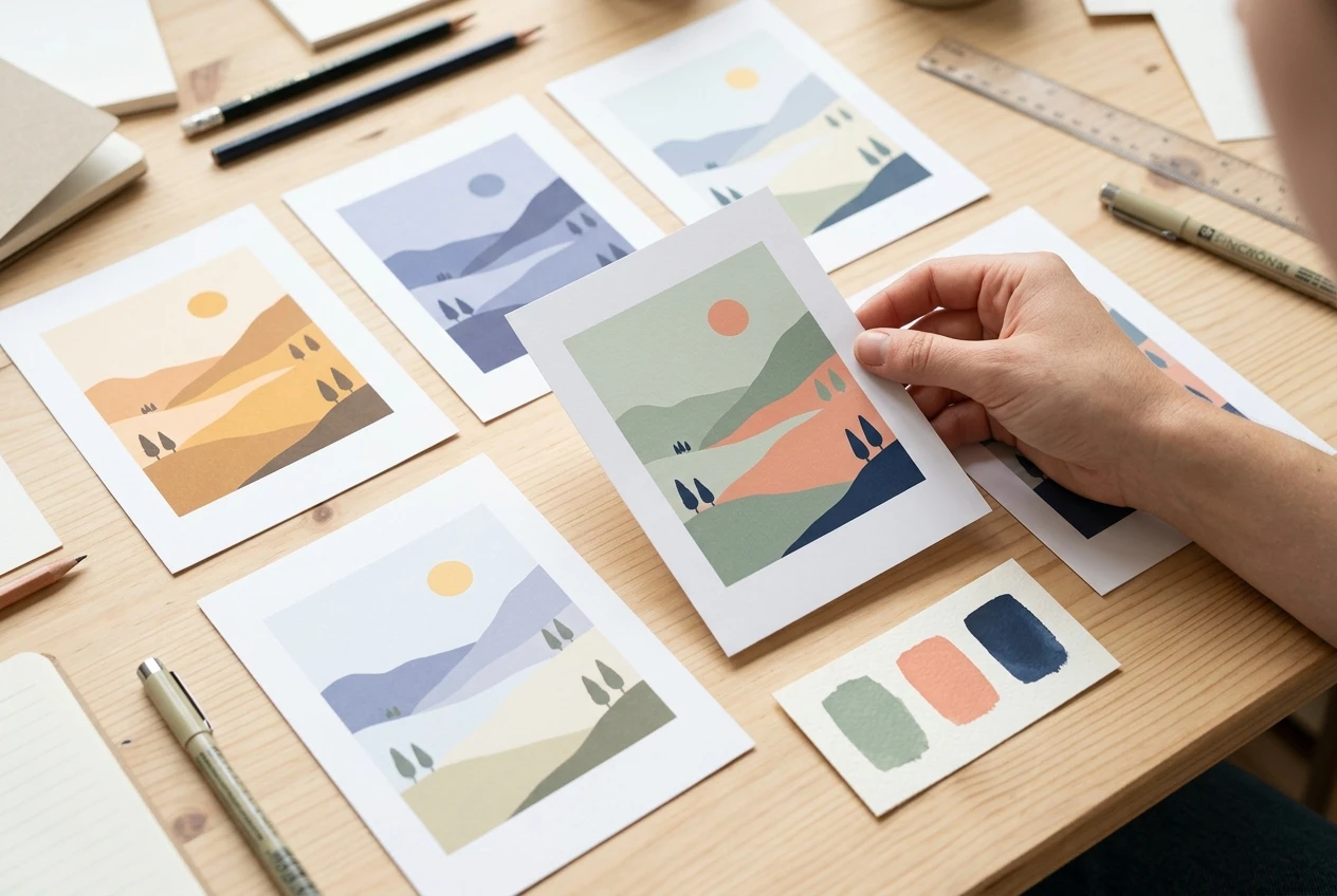 A bright studio table with several printed image variations of the same simple illustrated landscape laid out side by side, each in a slightly different mood, next to a small swatch card of three chosen colours (sage green, soft coral, navy). One print is set apart and held by a hand, chosen from th