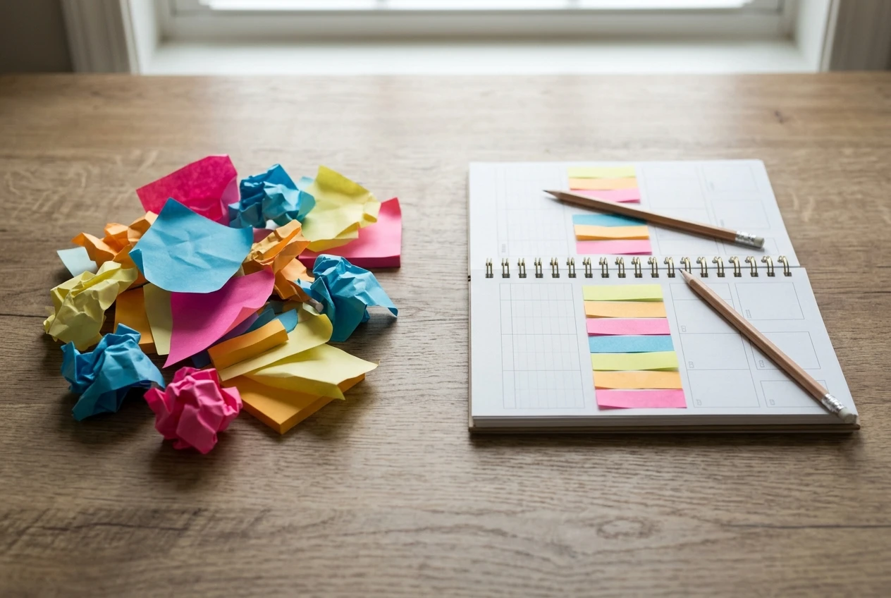 Left side of a tabletop shows a crumpled heap of mixed sticky notes in clashing colours; right side shows the same notes sorted into three tidy columns on a weekly planner, with a pencil resting on top. Soft daylight from a window, calm neutral palette.