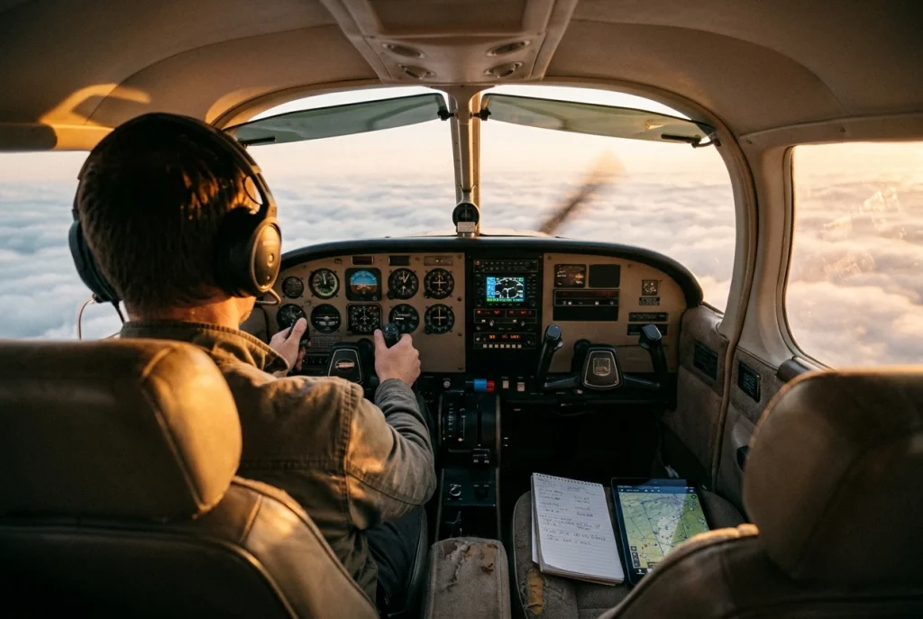 A small two-seat propeller plane cockpit seen from behind the seats at golden hour, the pilot's hands resting on the yoke while an empty co-pilot seat holds an open notebook and