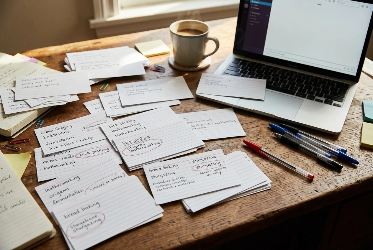 A wooden desk covered in handwritten index cards with niche ideas such as hobbies and skills, a few circled in red pen, with a cup of coffee and a laptop showing a blank chat window pushed to the side, warm morning window light.