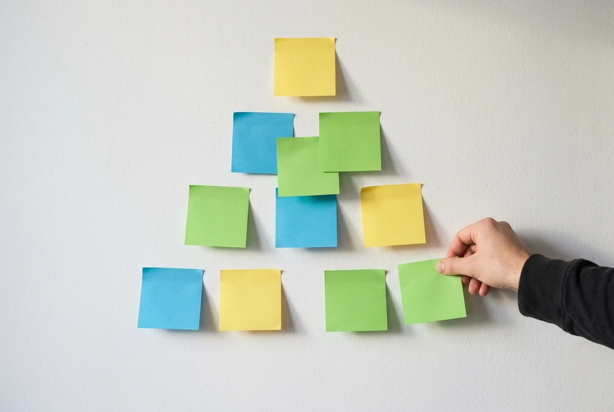 Sticky notes arranged on a white wall in a tree shape: one home note at the top branching into about, contact and three article notes below, in yellow, blue and green, with a hand placing the last note.