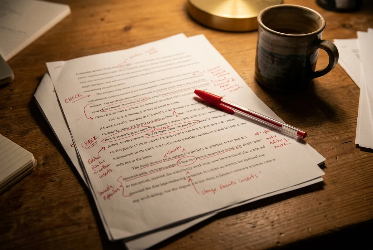 A printed article draft on a table marked up with red pen, circled sentences and the word CHECK in the margins, a pen lying across it and a mug beside it, in warm lamp light.