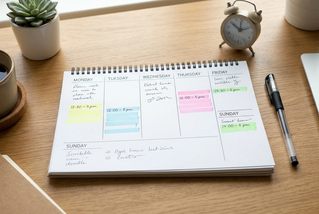 A paper desk calendar for one week with four work sessions blocked out in different coloured highlighters, a pen and an analog alarm clock beside it on a tidy home desk in soft daylight.